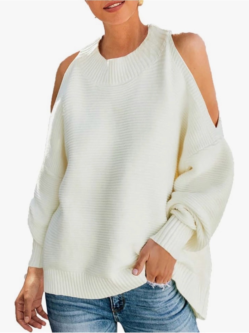 Cold-Shoulder White Ribbed Knit Sweater